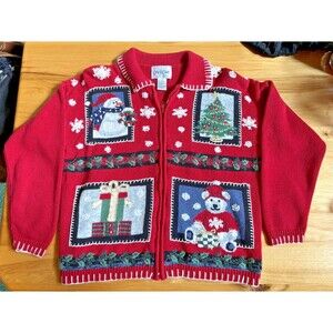 Ugly Christmas Sweater Carly St. Claire  Size M - Snowman, Tree, Teddy Bear